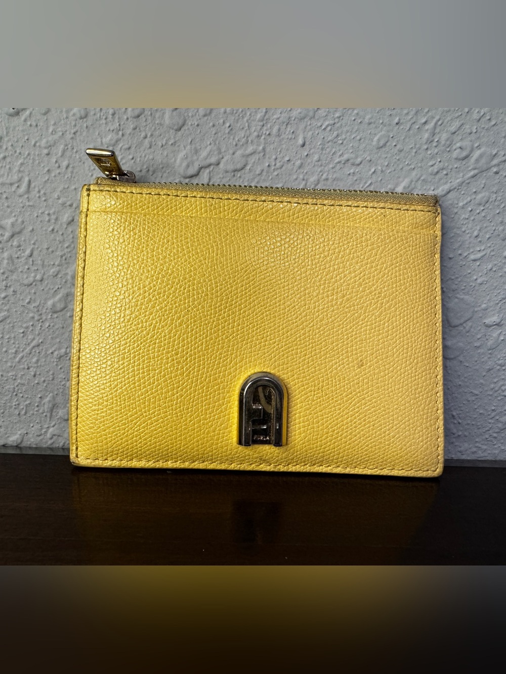 Furla Yellow Pebbled Leather Cardholder with zipper compartment